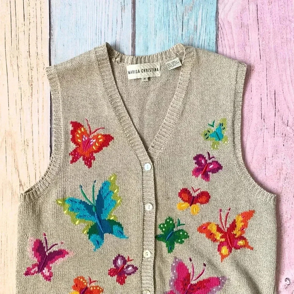 Vintage cotton linen blend V-neck sweater vest with butterflies - Picture 5 of 8